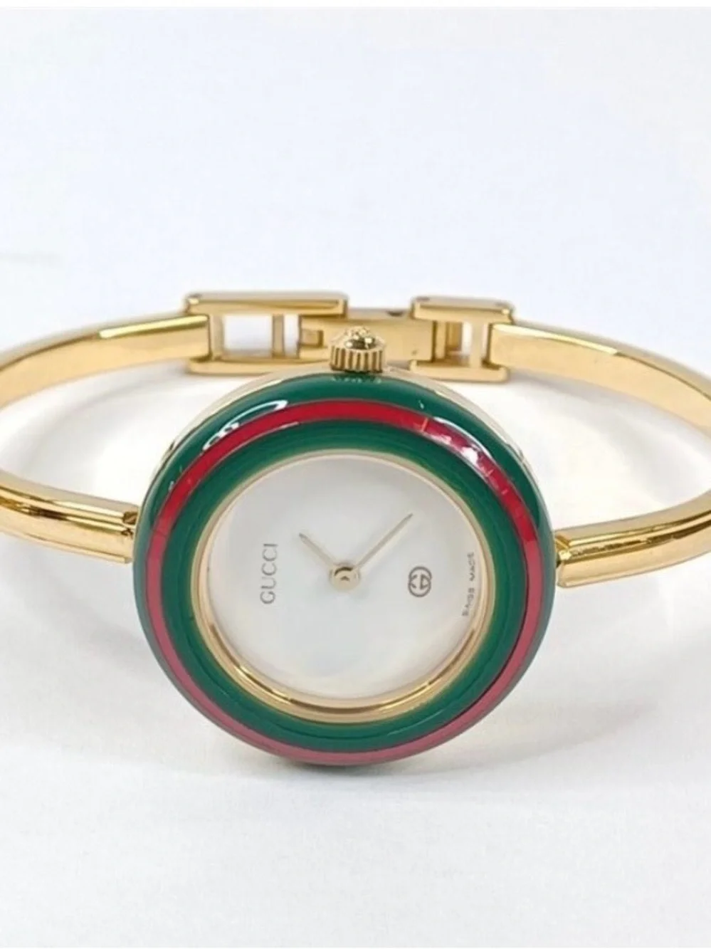 Gucci Gold Bangle Watch with Green and Red Bezel